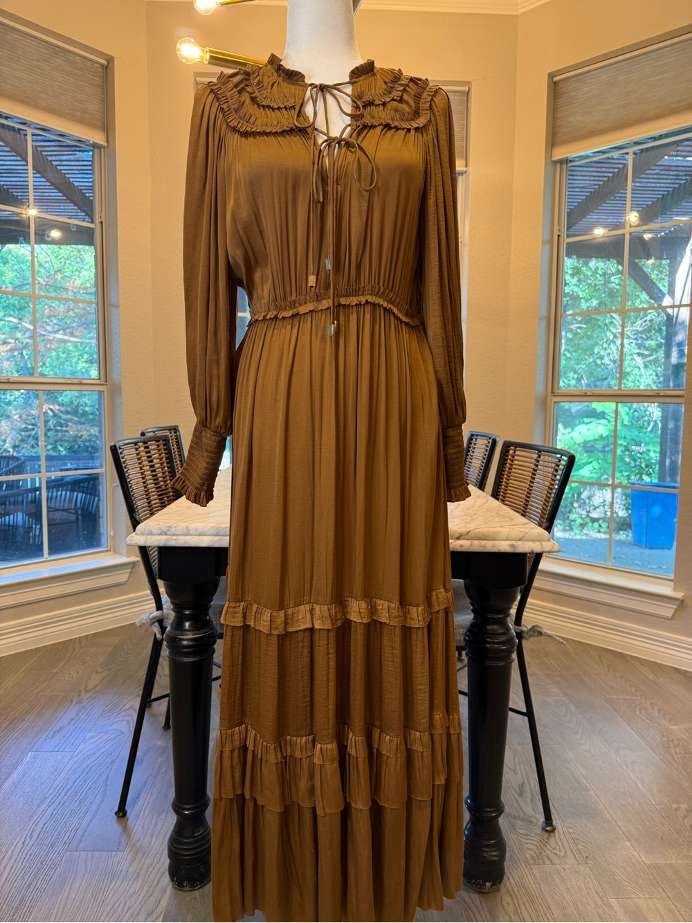 Moon River Bronze Ruffle Tiered Long Sleeve Maxi Dress